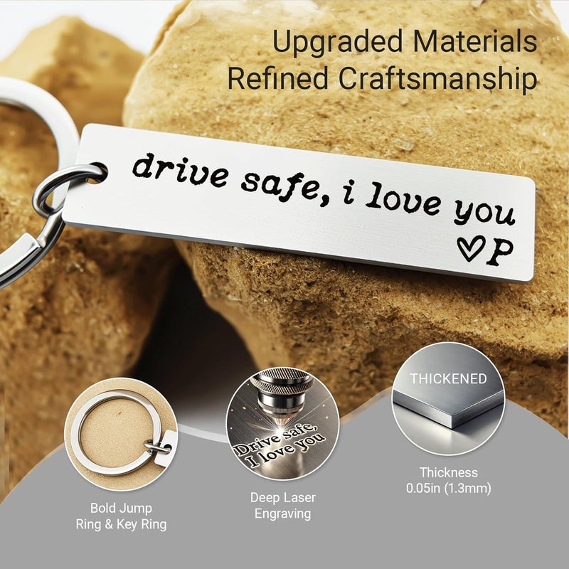 ZEARPT Valentine’s Day Gift for Boyfriend, Personalized Initial Drive Safe I Love You Keychain, Stainless Steel Key Ring for Him Husband Son, Couples Car Accessory, Gift-Ready Box - Image 2
